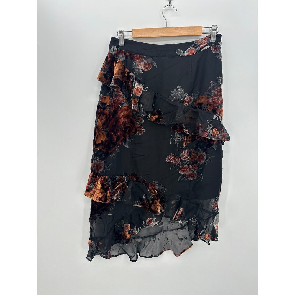 Gianni Bini Womens Black Floral Midi Skirt Size 8 Ruffle Grunge Fairy Whimsigoth